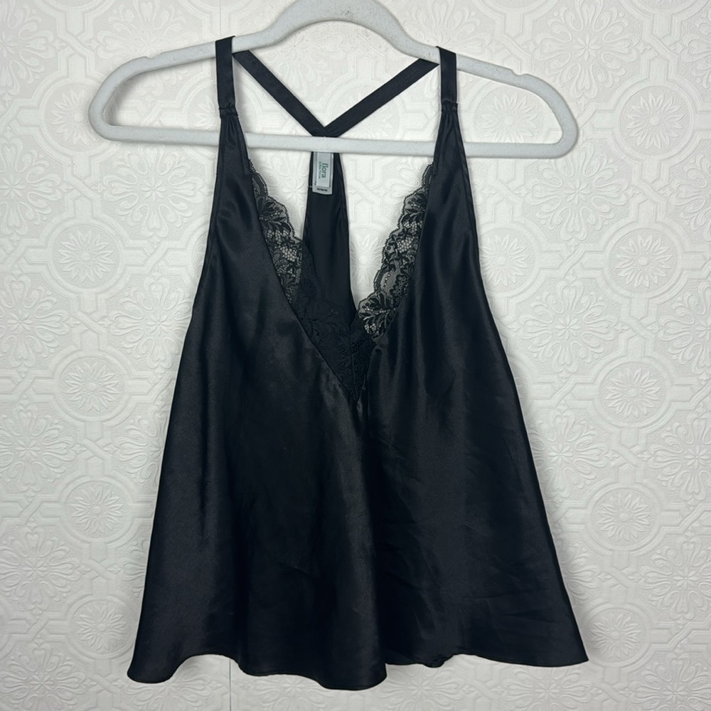 Flora Nikrooz Satin Silky Tank Top Lingerie Secy‎ Lacey Lace Black Pjs Pajamas